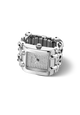 A silver-tone women's watch ring with a rectangular crystal-encrusted face and a matching crystal-embellished link band, shown on a clean white background.