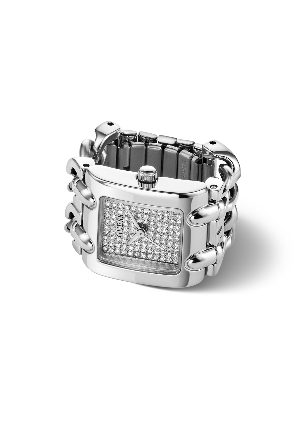 A silver-tone women's watch ring with a rectangular crystal-encrusted face and a matching crystal-embellished link band, shown on a clean white background.