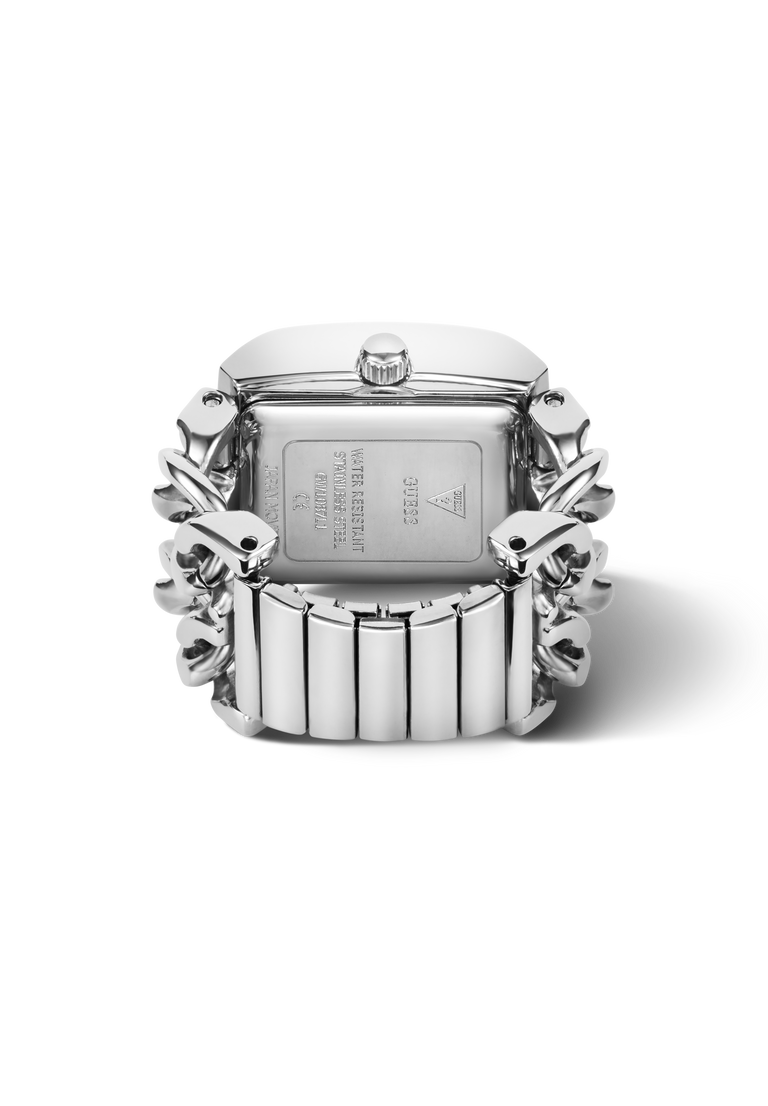 The back view of a silver-toned watch ring with a rectangular cushion-shaped case and a distinctive sculptural, leaf-like metal bracelet, shown on a white background.
