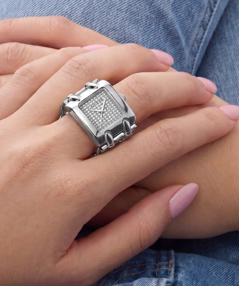 GUESS Ladies Mod Heavy Metal Silver Tone Analog Watch Ring