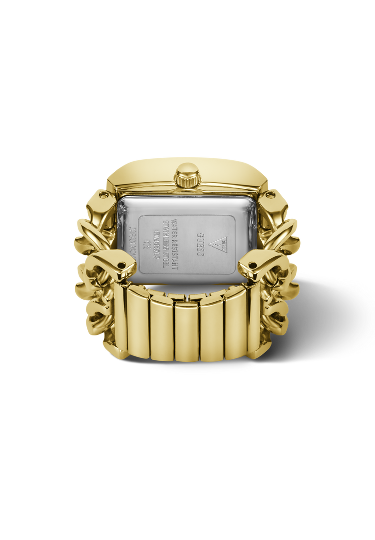 The back view of a gold-tone watch ring  with a distinctive sculptural, organic-shaped metal bracelet, shown on a clean white background.