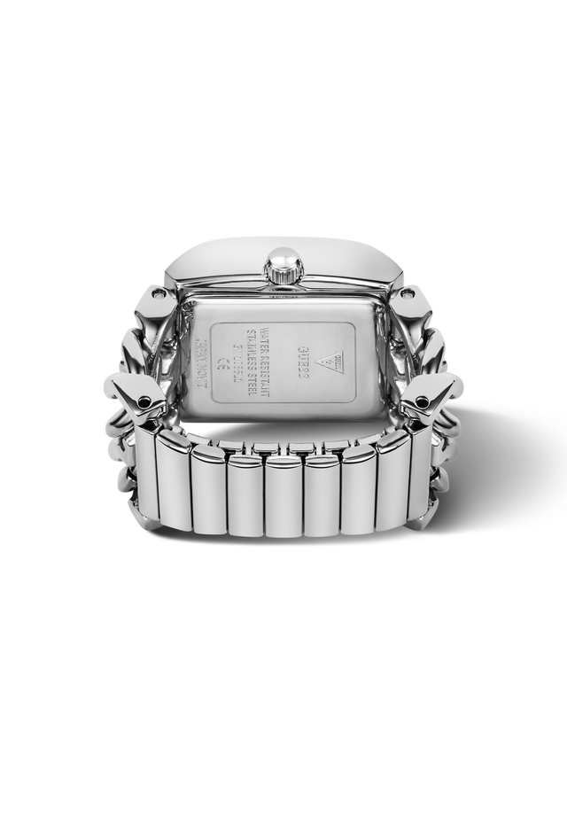 The back view of a stainless steel watch ring with a rectangular cushion-shaped case and a multi-link bracelet, shown on a clean white background.