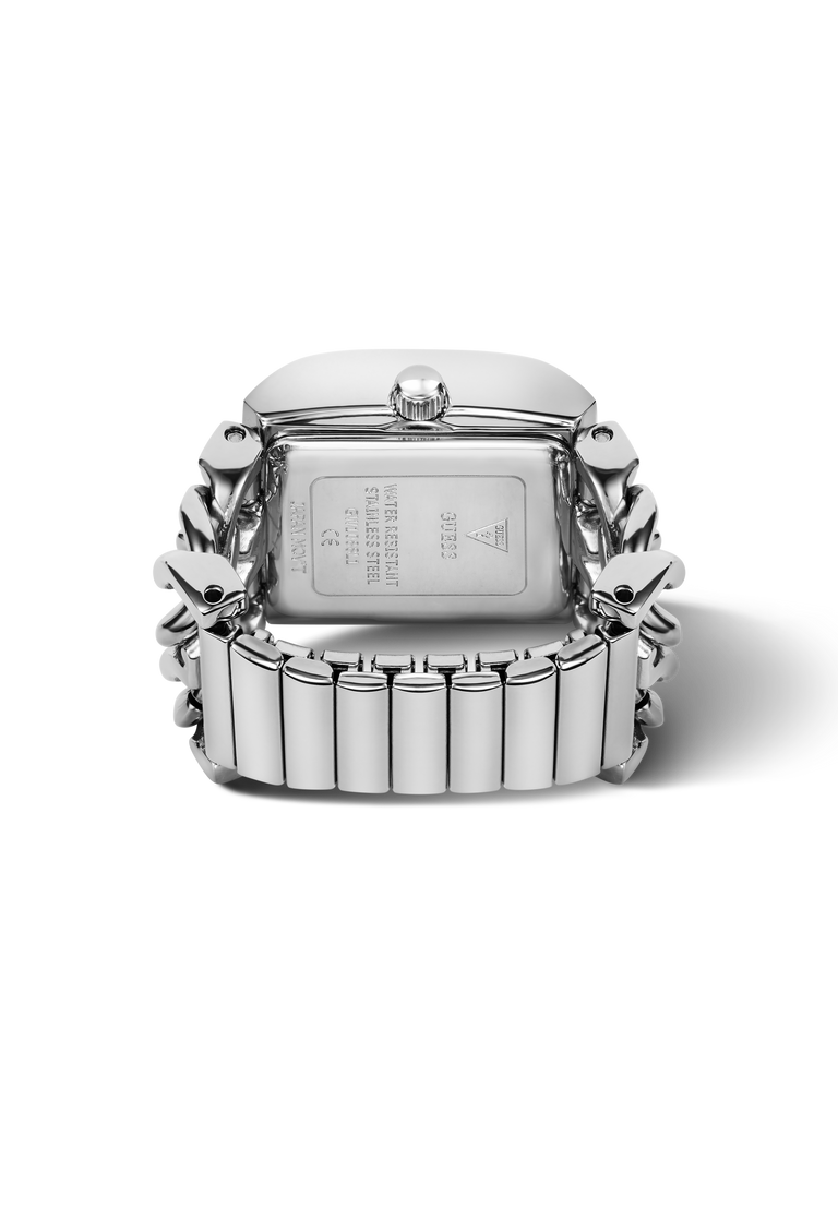 The back view of a stainless steel watch ring with a rectangular cushion-shaped case and a multi-link bracelet, shown on a clean white background.