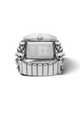 The back view of a stainless steel watch ring with a rectangular cushion-shaped case and a multi-link bracelet, shown on a clean white background.