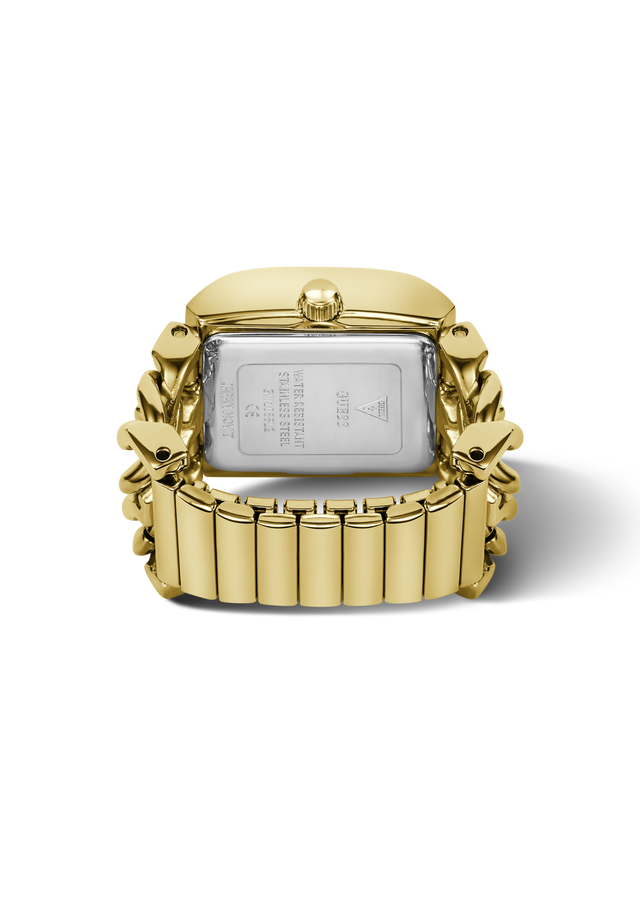 The back view of a gold-tone watch ring  with a rectangular case and a multi-link bracelet, showing the brushed silver-toned metal case back with engraved text and a crown knob.