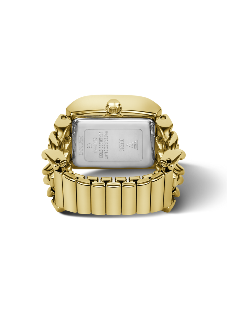 The back view of a gold-tone watch ring  with a rectangular case and a multi-link bracelet, showing the brushed silver-toned metal case back with engraved text and a crown knob.
