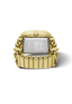 The back view of a gold-tone watch ring  with a rectangular case and a multi-link bracelet, showing the brushed silver-toned metal case back with engraved text and a crown knob.