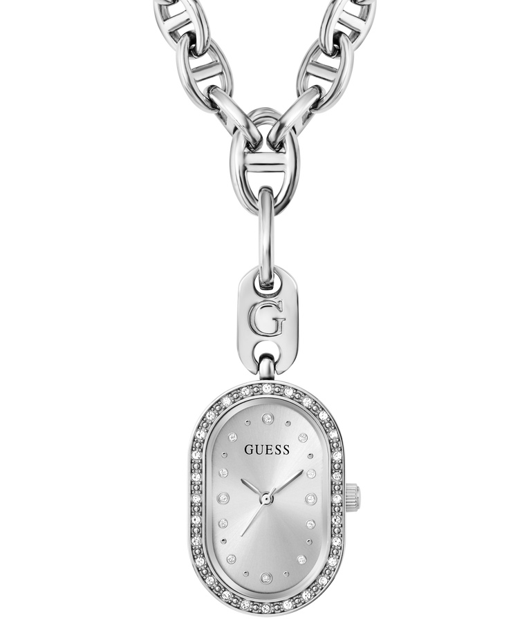 A silver-tone oval watch with a bezel-set crystal rhinestone border, featuring a silver dial with GUESS branding and a matching G chain, shown against a plain white background.