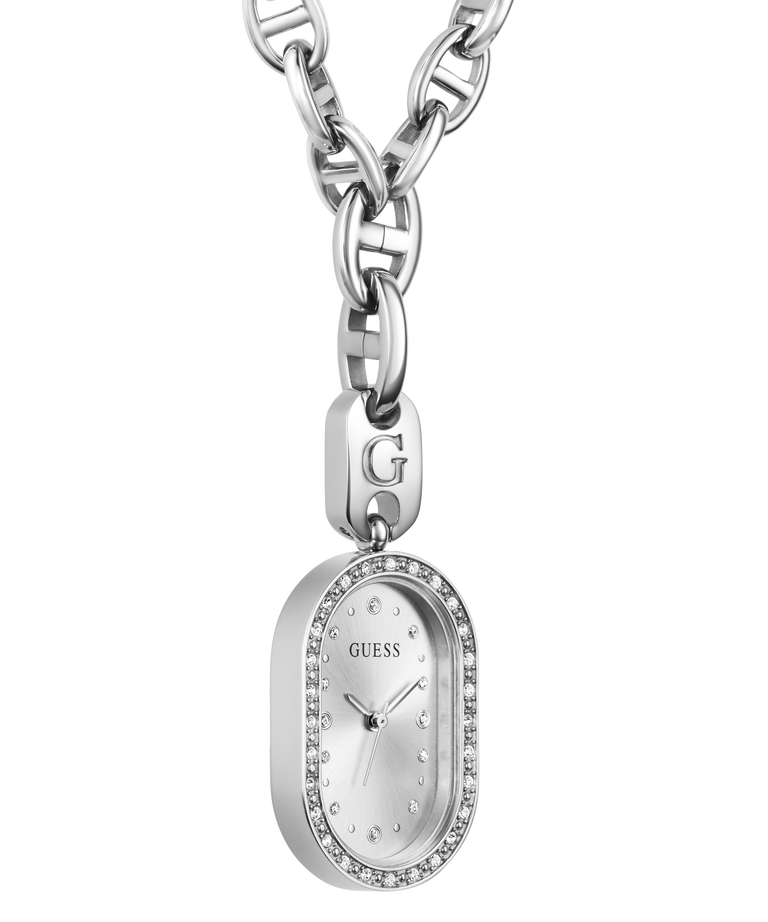 A silver-tone oval watch pendant necklace with a bezel of small clear crystals and the GUESS logo on the dial, hanging from a chunky link chain on a white background.