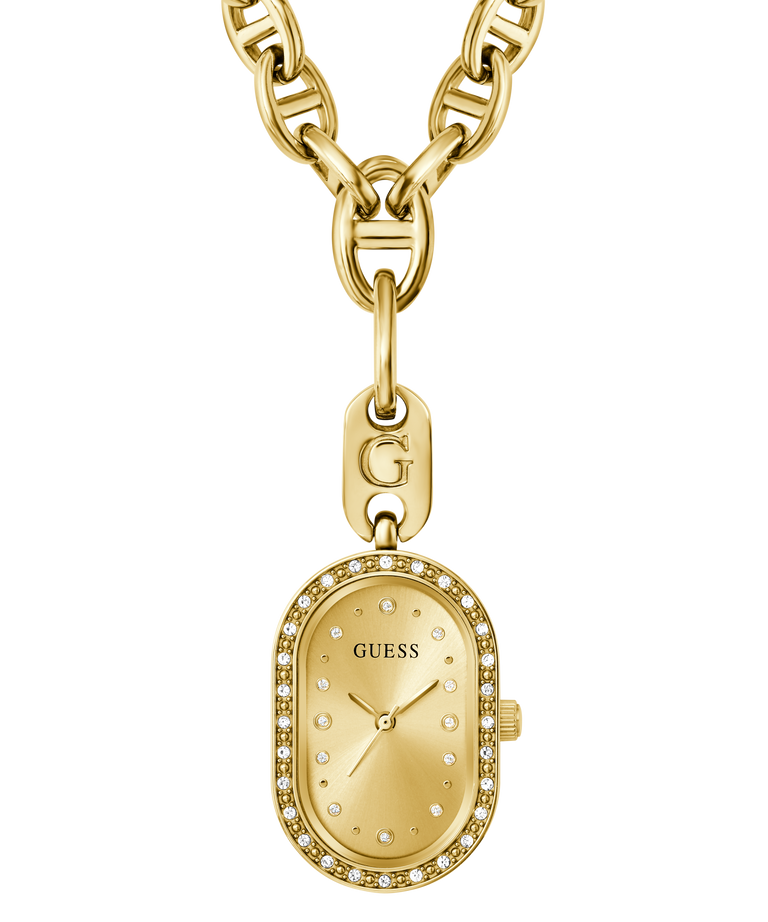 Gold oval watch with a rhinestone-studded bezel, gold dial with GUESS branding, and a matching curb chain on a white background.
