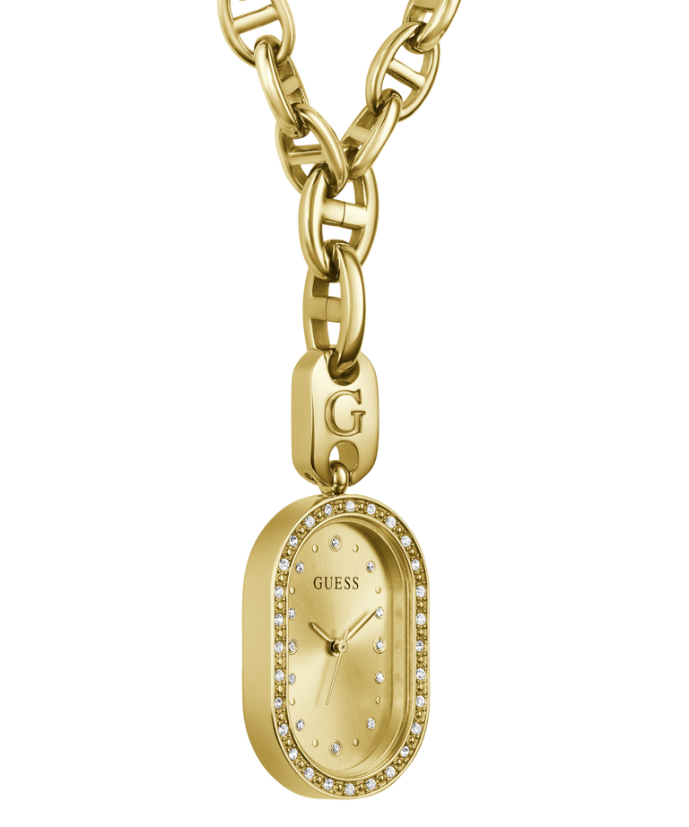 Gold oval watch pendant necklace with a rhinestone border and a GUESS logo on the dial, shown on a white background.