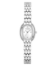 A silver-tone women's wristwatch with an oval face, crystal rhinestone bezel, and a matching honeycomb-patterned metal link bracelet. The dial is silver with the brand name 'GUESS' printed at 12 o'clock.