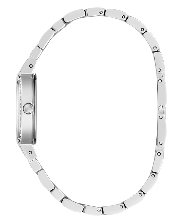 A silver stainless steel watch band shown from the side profile, arranged in an oval shape against a solid white background.