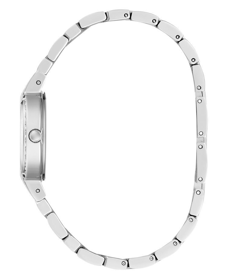 A silver stainless steel watch band shown from the side profile, arranged in an oval shape against a solid white background.