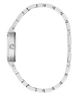 A silver stainless steel watch band shown from the side profile, arranged in an oval shape against a solid white background.