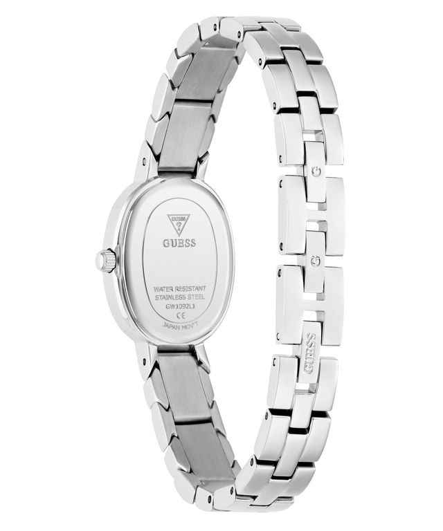 The back view of a GUESS stainless steel watch with an oval case and a multi-link bracelet, shown on a solid white background.