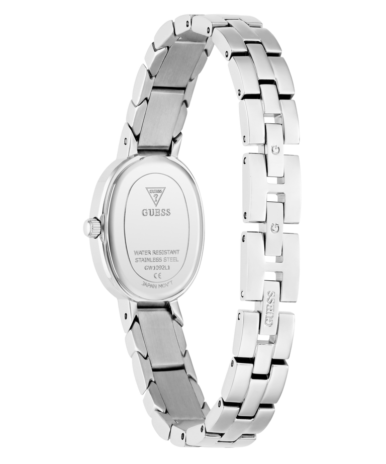 The back view of a GUESS stainless steel watch with an oval case and a multi-link bracelet, shown on a solid white background.