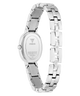 The back view of a GUESS stainless steel watch with an oval case and a multi-link bracelet, shown on a solid white background.