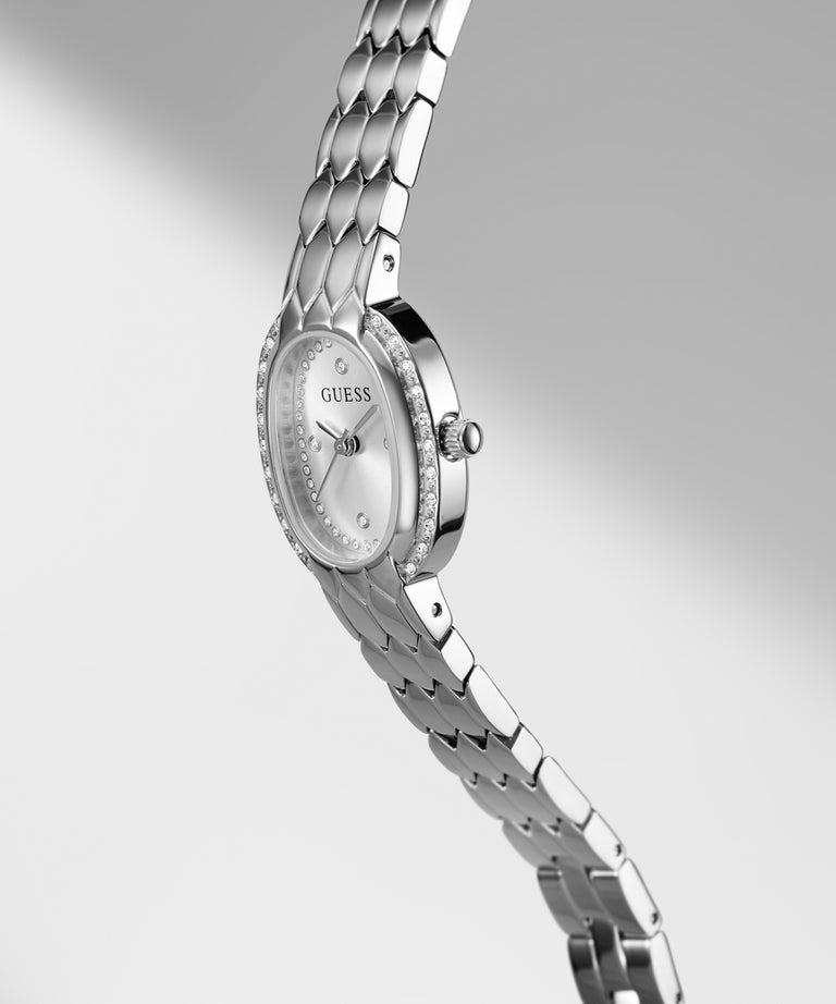 A silver-tone stainless steel wrist watch with a diamond-accented bezel and a matching link bracelet, shown at an angle against a light gray background.