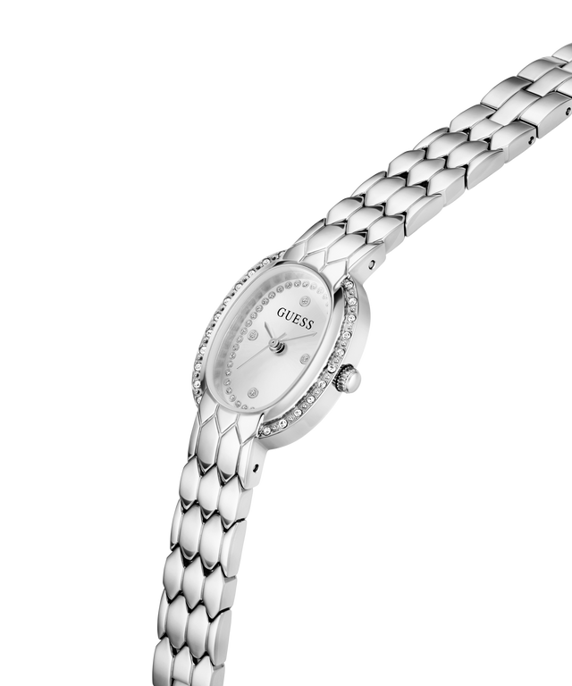 A silver-tone women's wristwatch with an oval dial, crystal-encrusted bezel, and a matching metal link bracelet, shown on a plain white background. lifestyle