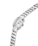 A silver-tone women's wristwatch with an oval dial, crystal-encrusted bezel, and a matching metal link bracelet, shown on a plain white background. lifestyle