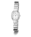 A silver-tone GUESS watch with a textured honeycomb-style bangle strap, a bezel set with small clear crystals, and a white dial on a clean white background.