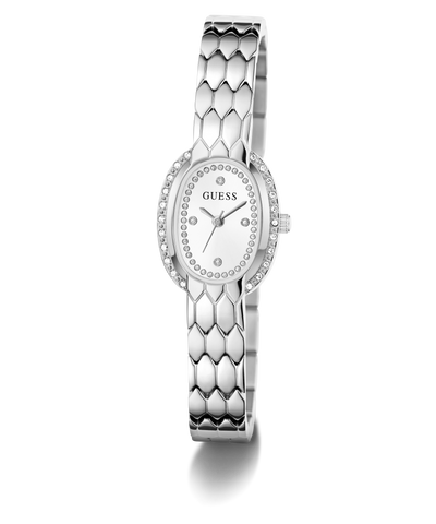 A silver-tone GUESS watch with a textured honeycomb-style bangle strap, a bezel set with small clear crystals, and a white dial on a clean white background.