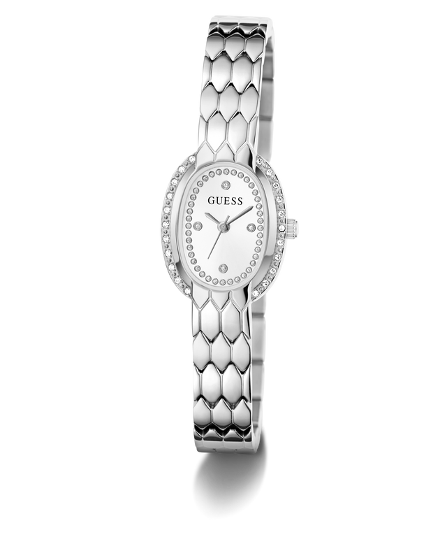 A silver-tone GUESS watch with a textured honeycomb-style bangle strap, a bezel set with small clear crystals, and a white dial on a clean white background.