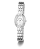 A silver-tone GUESS watch with a textured honeycomb-style bangle strap, a bezel set with small clear crystals, and a white dial on a clean white background.