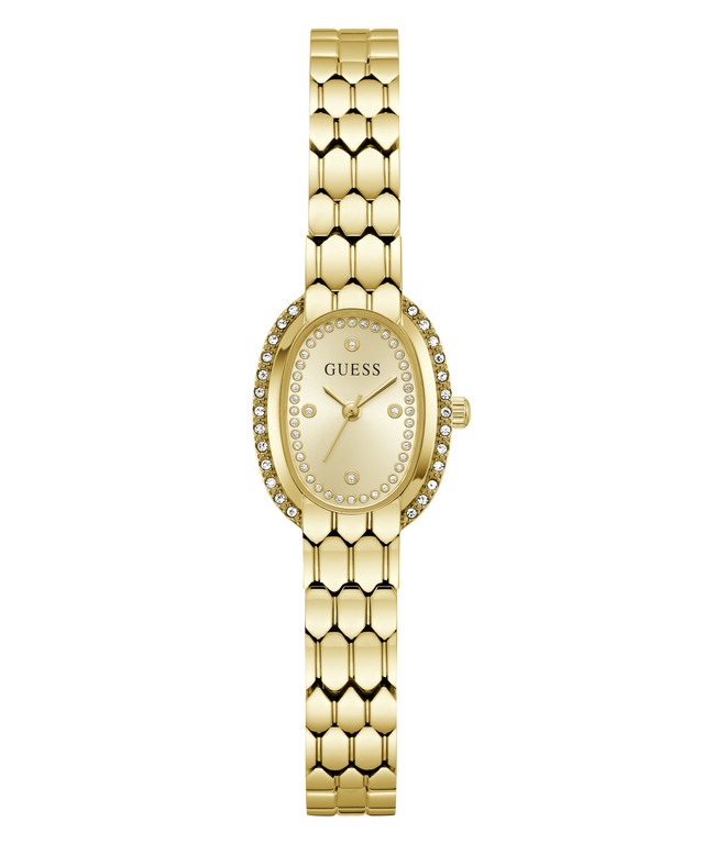 Gold-tone Guess watch with an oval face, crystal-accented bezel, and matching honeycomb-link bracelet on a white background.