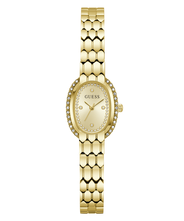Gold-tone Guess watch with an oval face, crystal-accented bezel, and matching honeycomb-link bracelet on a white background.