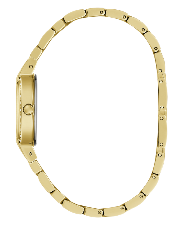 A gold-tone metal link watch band shown from the side profile against a solid white background.