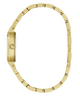 A gold-tone metal link watch band shown from the side profile against a solid white background.