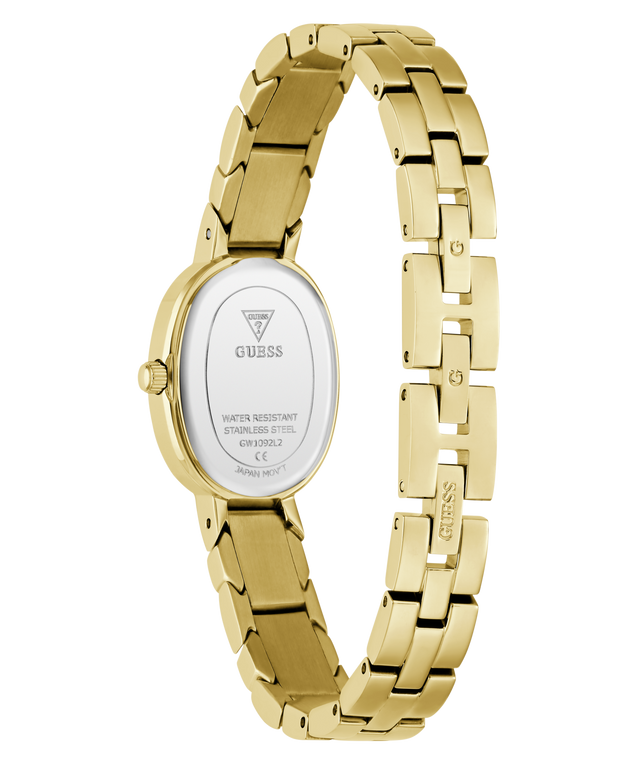 Gold-tone stainless steel women's watch with an oval case, shown from the back on a clean white background. The GUESS logo is visible on the back cover.