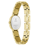 Gold-tone stainless steel women's watch with an oval case, shown from the back on a clean white background. The GUESS logo is visible on the back cover.