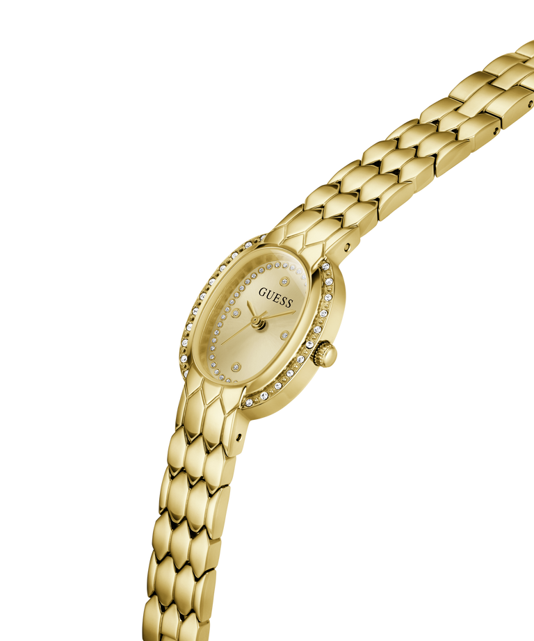 Gold-tone GUESS women's watch with an oval crystal-detailed dial and a matching textured link bracelet, shown on a plain white background. lifestyle