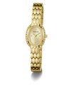 Gold-tone Guess women's watch with a textured scale-patterned metal bracelet, a bezel set with small clear crystals, and a matching crystal-accented dial.