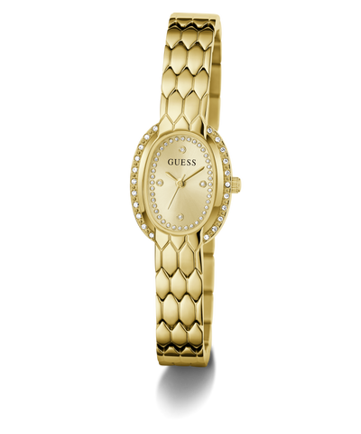 Gold-tone Guess women's watch with a textured scale-patterned metal bracelet, a bezel set with small clear crystals, and a matching crystal-accented dial.