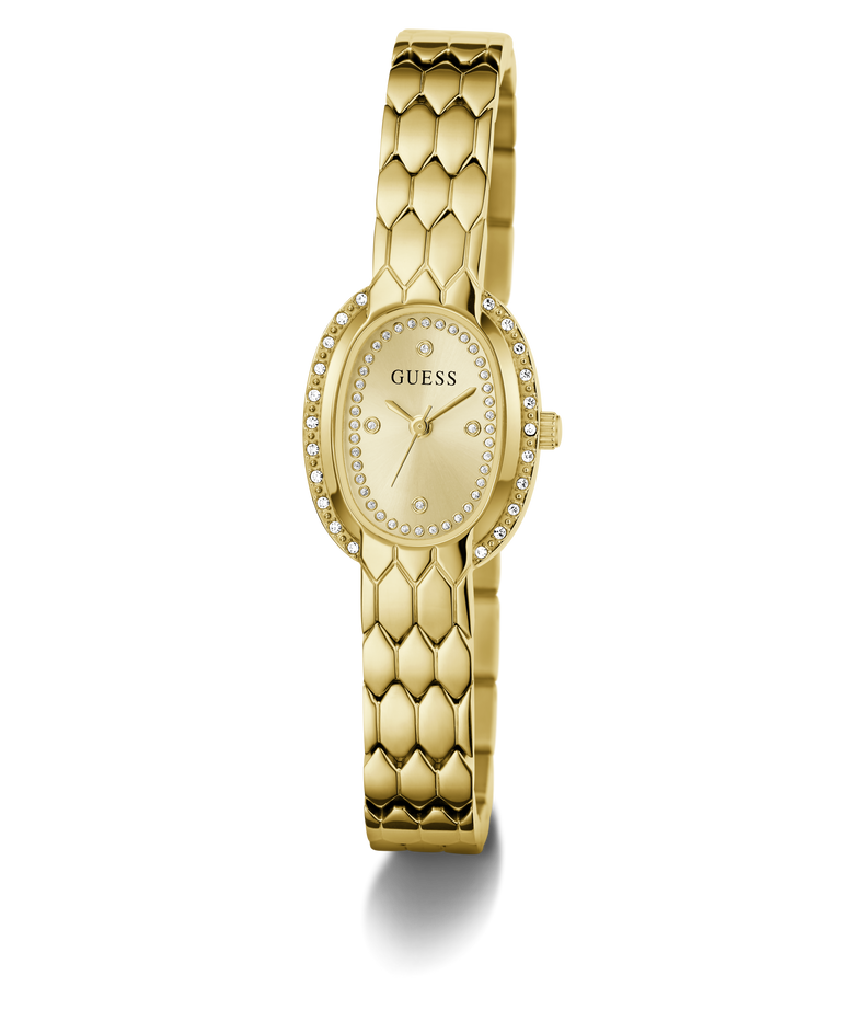 Gold-tone Guess women's watch with a textured scale-patterned metal bracelet, a bezel set with small clear crystals, and a matching crystal-accented dial.