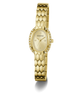 Gold-tone Guess women's watch with a textured scale-patterned metal bracelet, a bezel set with small clear crystals, and a matching crystal-accented dial.