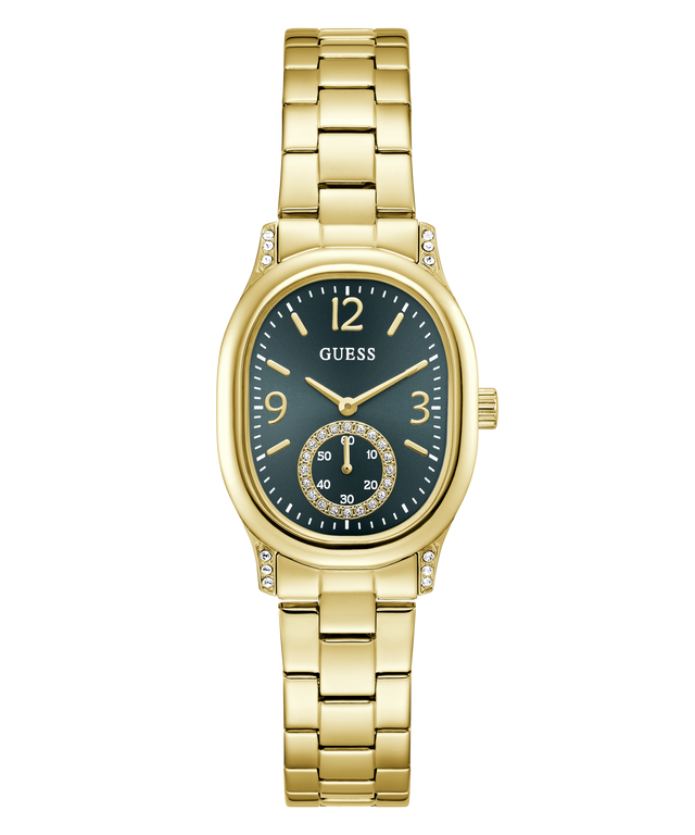 Gold-tone stainless steel women's watch by GUESS with an oval case, dark blue dial, and matching metal link bracelet, shown on a plain white background.