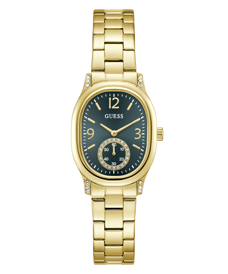 Gold-tone stainless steel women's watch by GUESS with an oval case, dark blue dial, and matching metal link bracelet, shown on a plain white background.