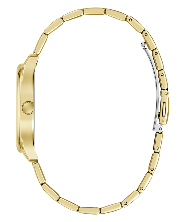 Side profile view of a gold-tone watch with a matching metal link bracelet, showing the clasp mechanism on a plain white background.