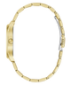 Side profile view of a gold-tone watch with a matching metal link bracelet, showing the clasp mechanism on a plain white background.