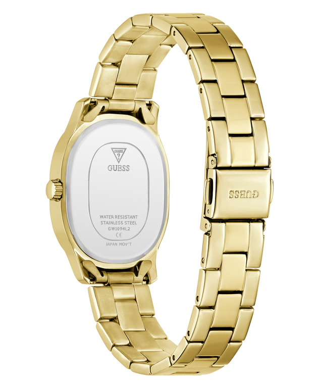 Gold-tone stainless steel watch with an oval case and matching metal link bracelet, shown from the back on a clean white background. The dial is white with GUESS branding and technical specifications, and the clasp is marked SS.