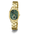 Gold-tone Guess women's watch with an oval green dial, gold-tone metal bracelet, and crystal accents on the bezel and lugs, shown on a white background.