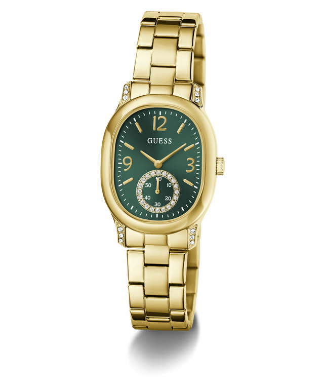 Gold-tone Guess women's watch with an oval green dial, gold-tone metal bracelet, and crystal accents on the bezel and lugs, shown on a white background.