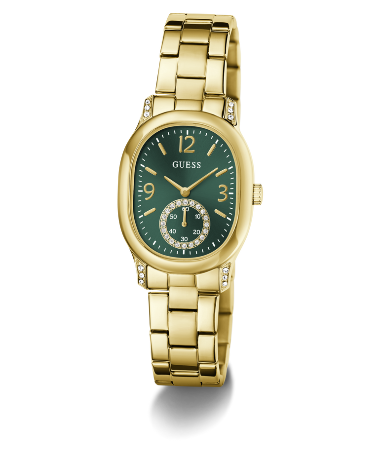 Gold-tone Guess women's watch with an oval green dial, gold-tone metal bracelet, and crystal accents on the bezel and lugs, shown on a white background.