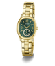 Gold-tone Guess women's watch with an oval green dial, gold-tone metal bracelet, and crystal accents on the bezel and lugs, shown on a white background.
