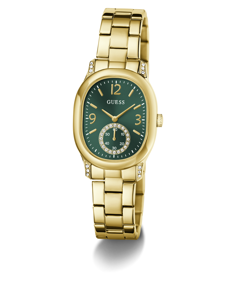 Gold-tone Guess women's watch with an oval green dial, gold-tone metal bracelet, and crystal accents on the bezel and lugs, shown on a white background.